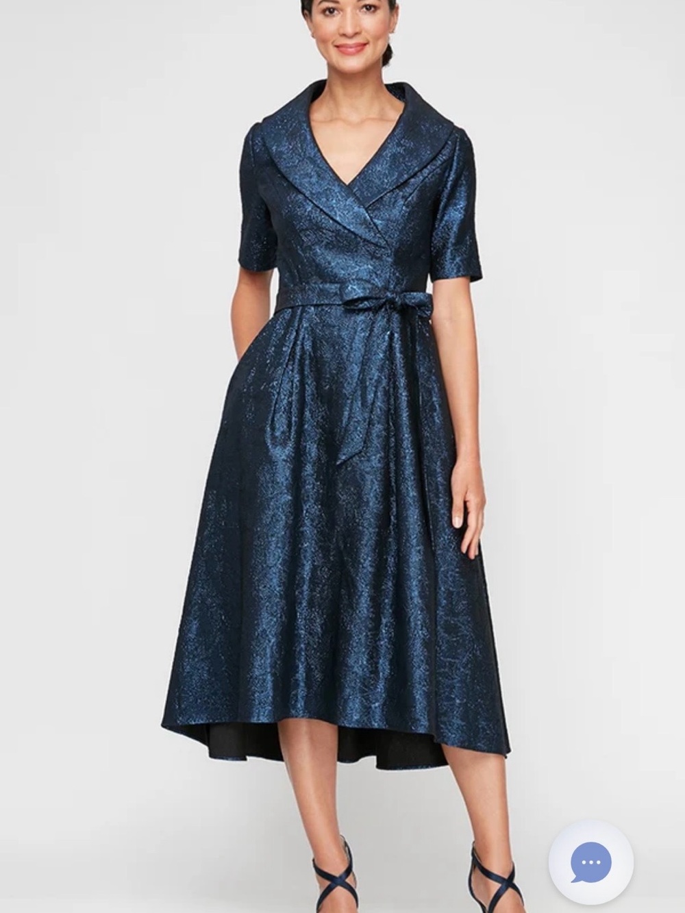 Alex Evenings blue metallic jacquard portrait collar cocktail dress